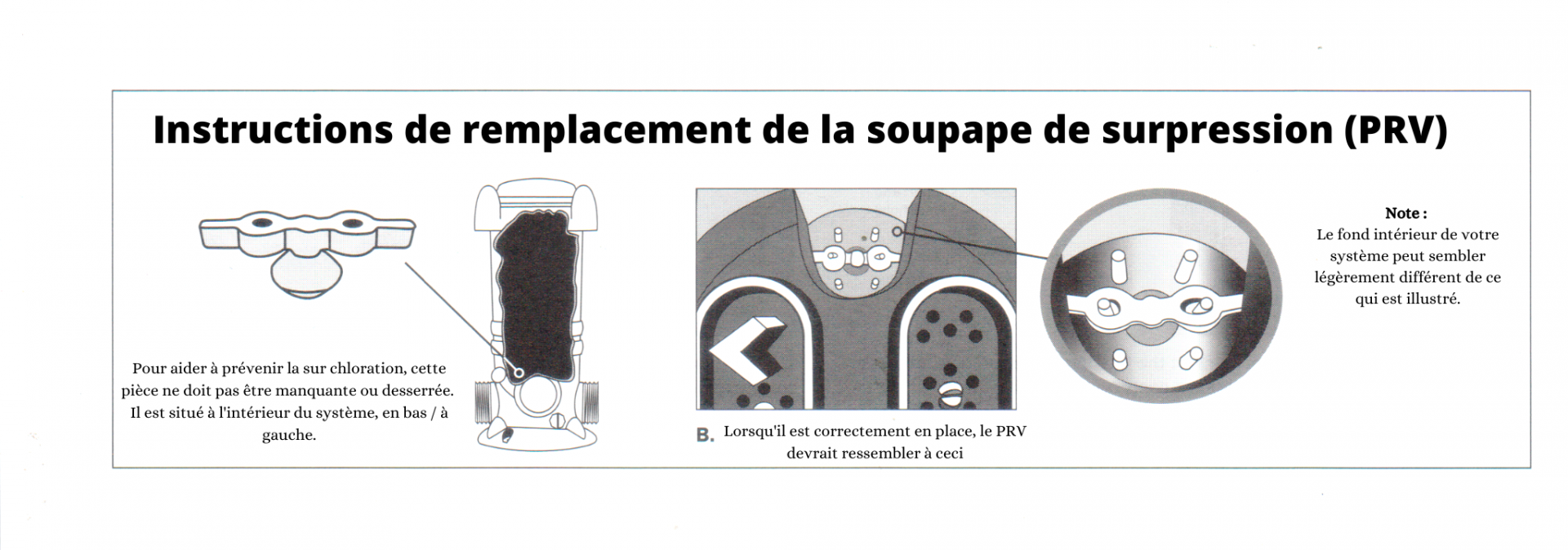 Pour aider à prévenir la sur chloration, cette pièce ne doit pas être manquante ou desserrée. Il est situé à l'intérieur du système, en bas à gauche.